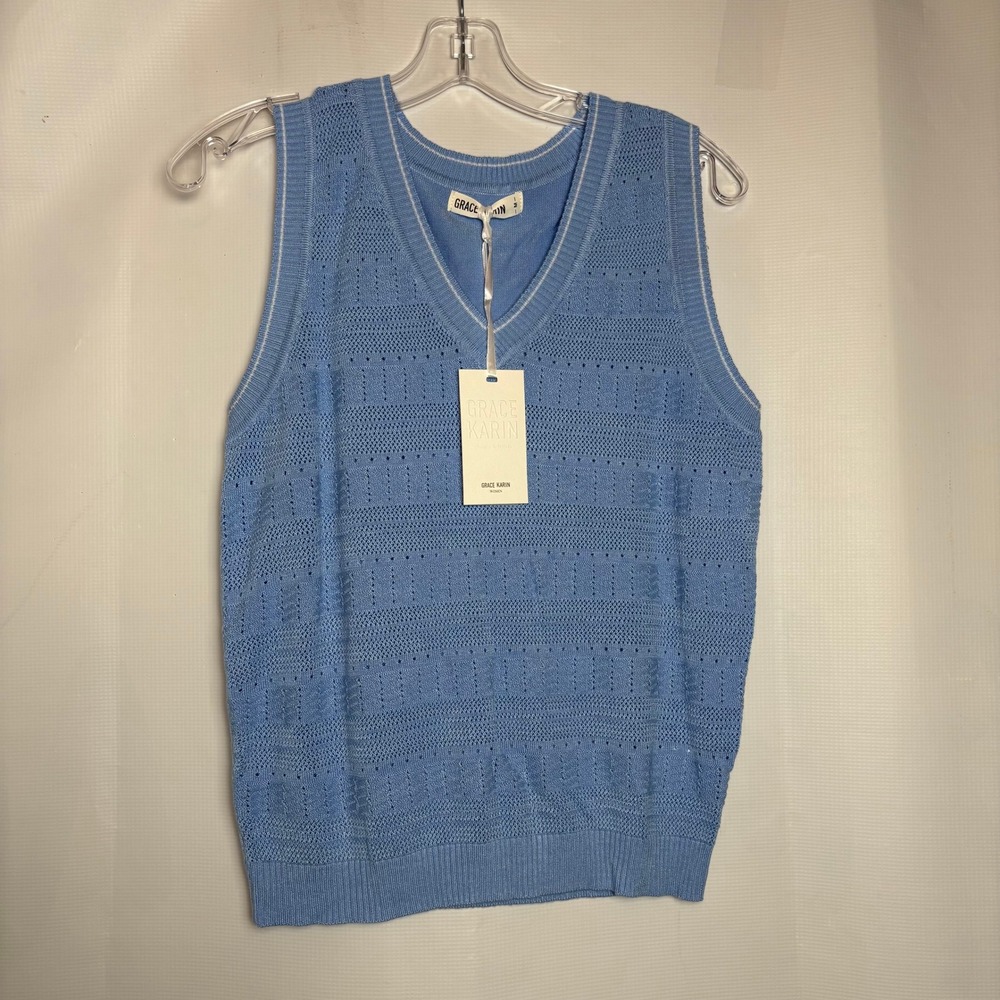 Grace Karin Womens Light Blue Pointelle Knit V-Neck Sweater Vest Medium‎ NWT